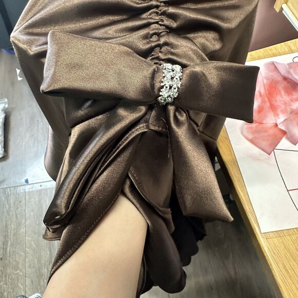 Vintage 90s y2k Blondie Nites Prom Gown Halter Brown Satin Ruffle Jr S Assymetri - Picture 11 of 12